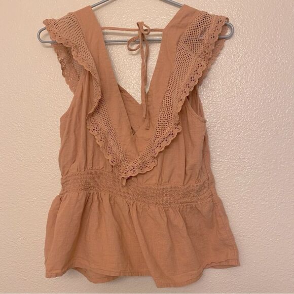 Old Navy Flutter Sleeve Crochet Lace low Tie-Back blouse Top peachy pink M - Picture 3 of 11